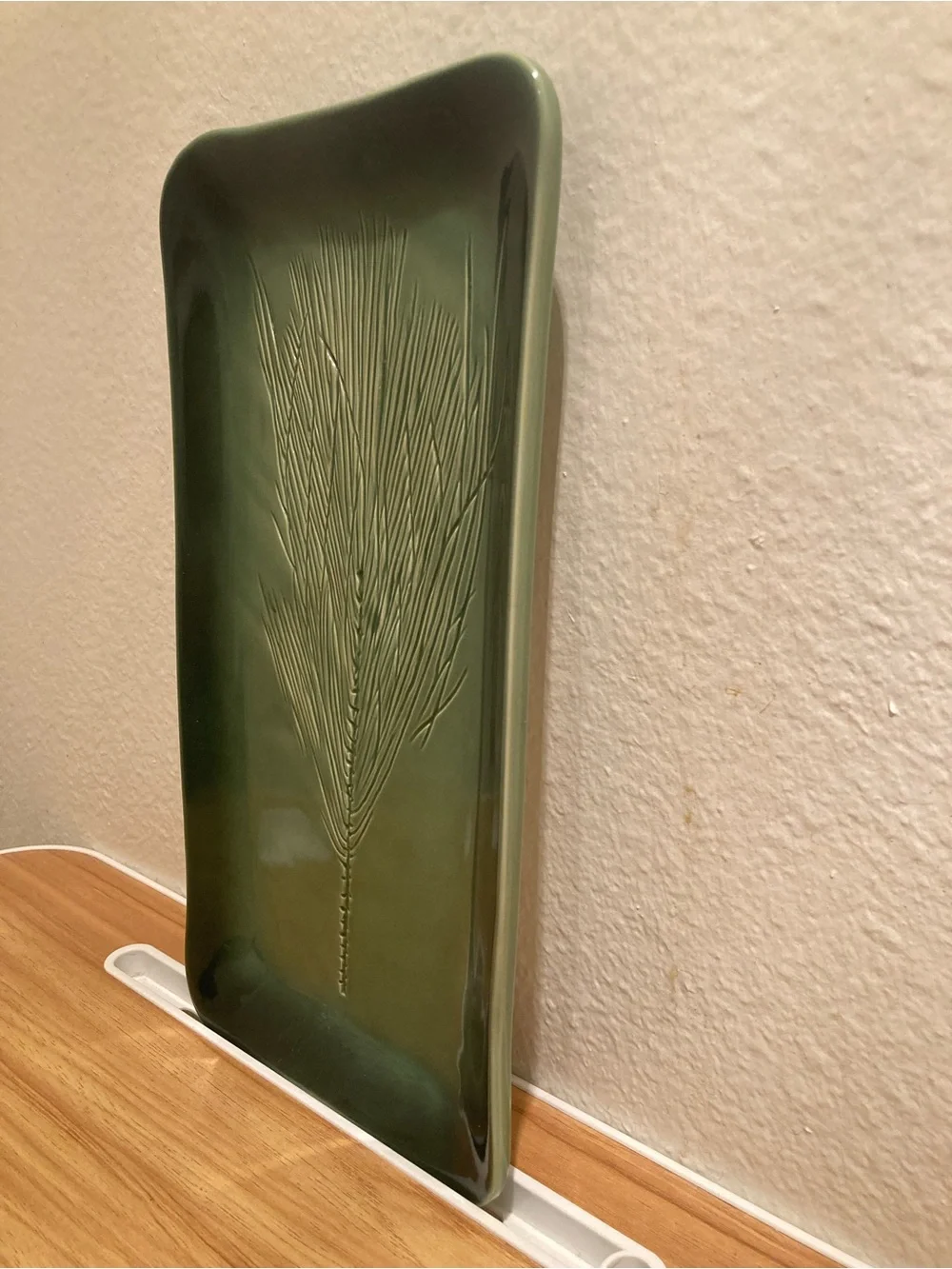 Kay Wayne Signed Studio Art Pottery Pine Needle Branch Green Rectangular Serving